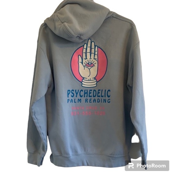 PSYCHEDELIC PALM READING LIGHT BLUE HOODIE SWEATSHIRT - Picture 1 of 8
